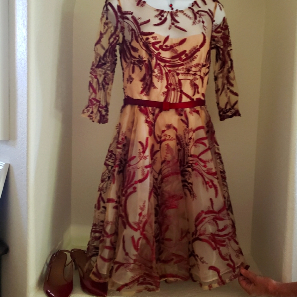 Marchesa Notte Red and Cream Lace Tulle Dress